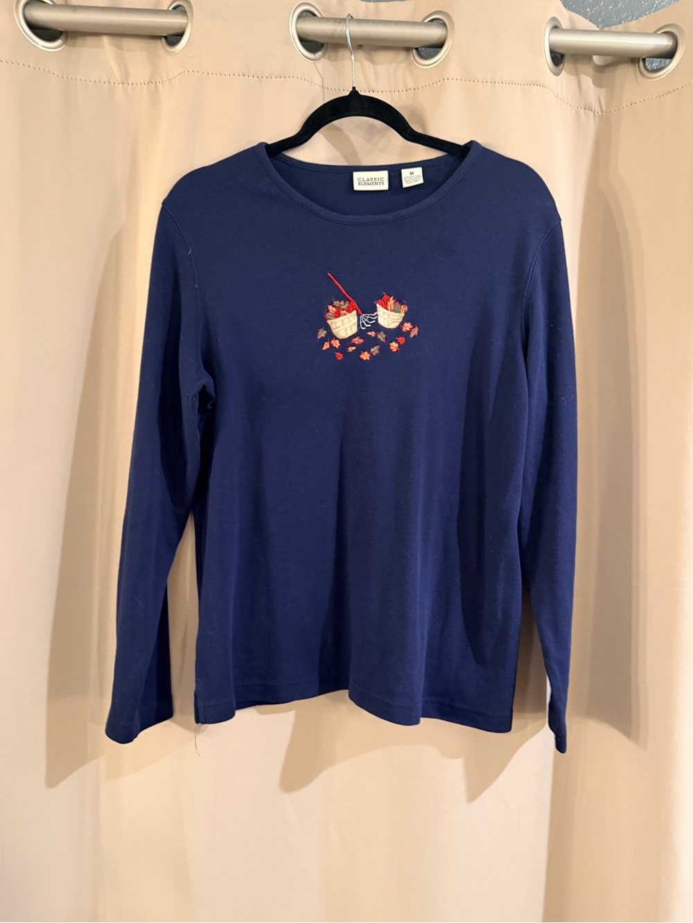 Classic Elements  Navy Long-Sleeve Tee with Autumn Basket Embroidery